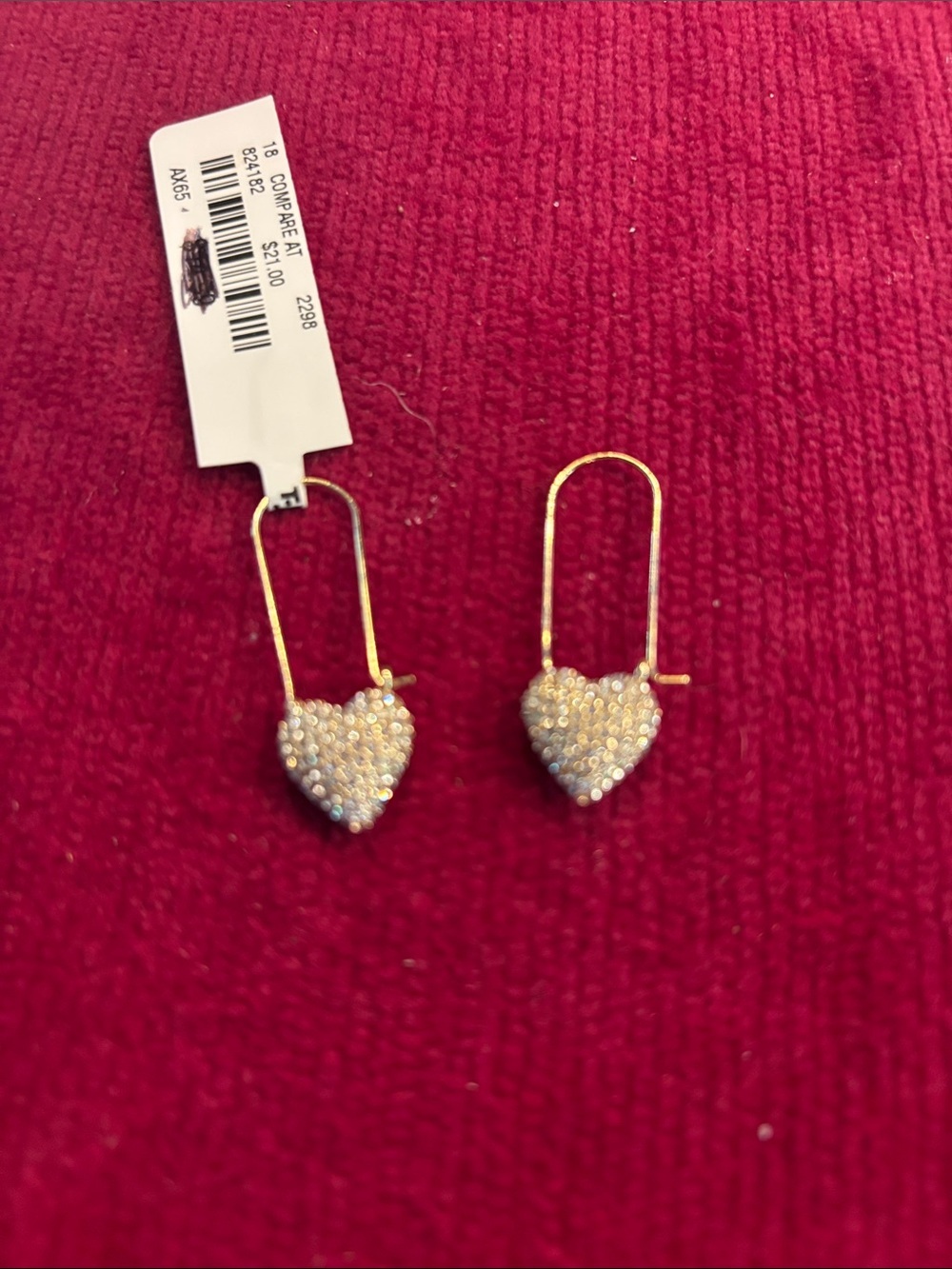 NWT Gold Tone Pave Heart Earrings Rhinestone Dangle Threader Style
